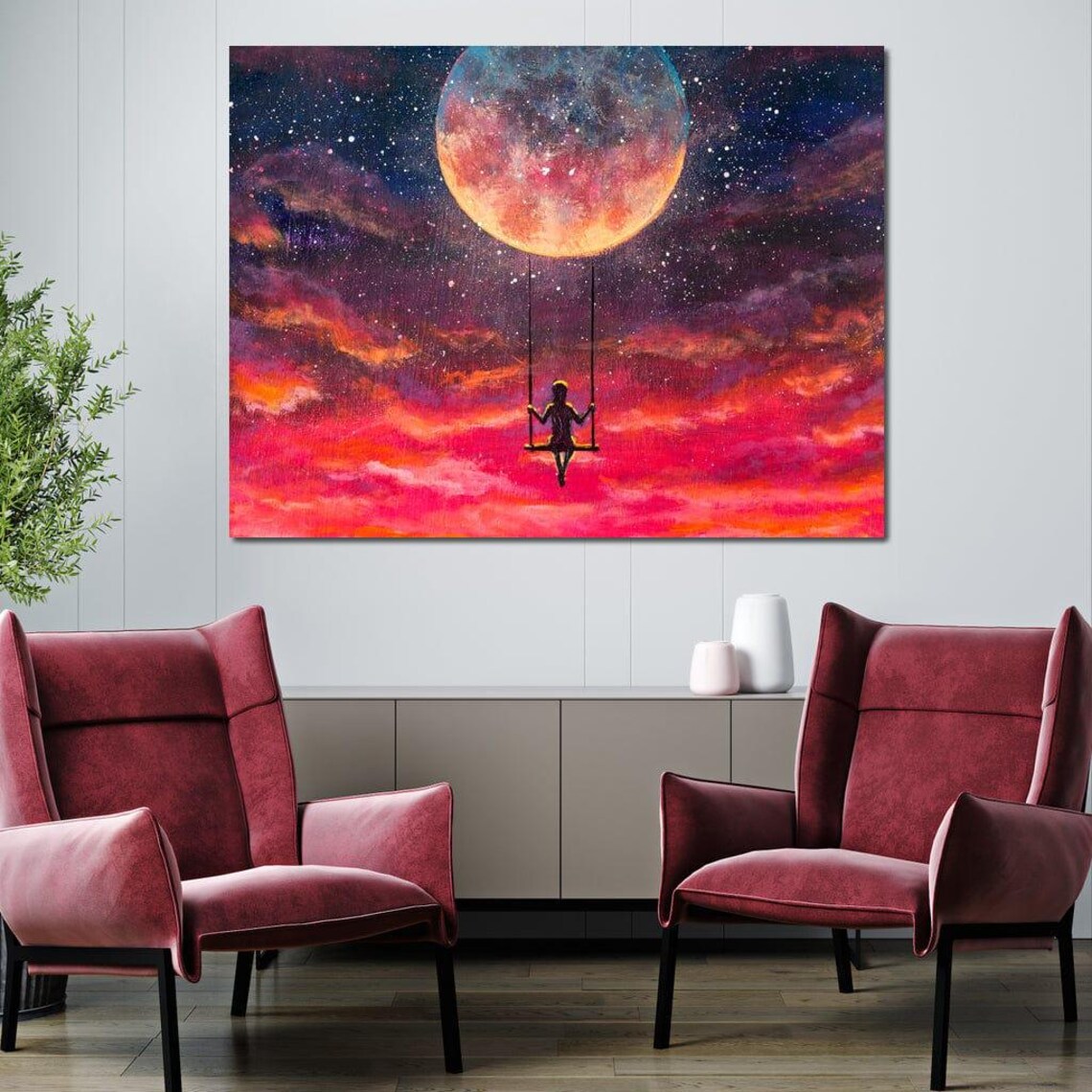 Girl Swinging From Giant Moon Starry Pink Sky Fantasy Dream Art Poster - Image 4
