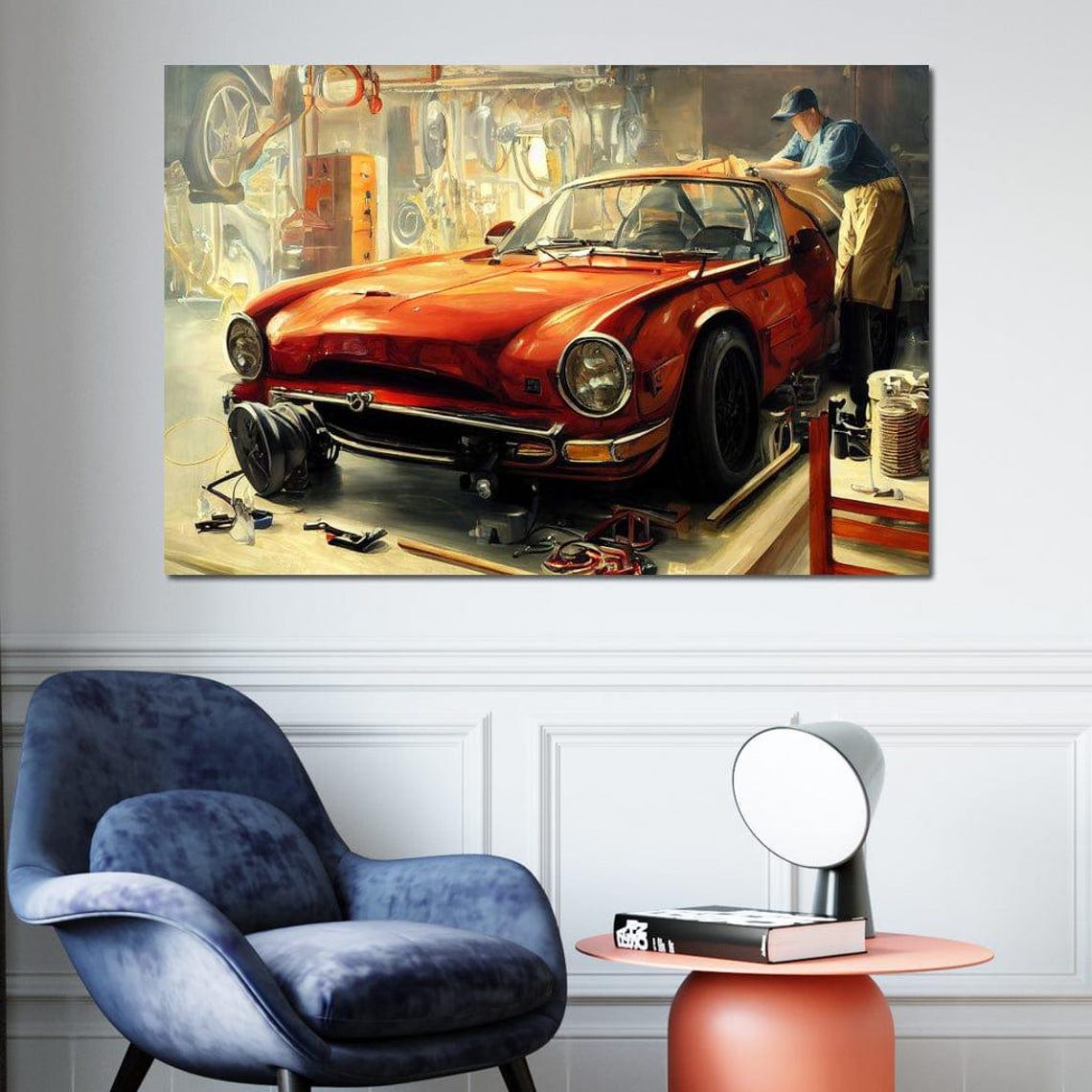 Vintage Red Sports Car Garage Mechanic Retro Auto Workshop Poster - Image 3