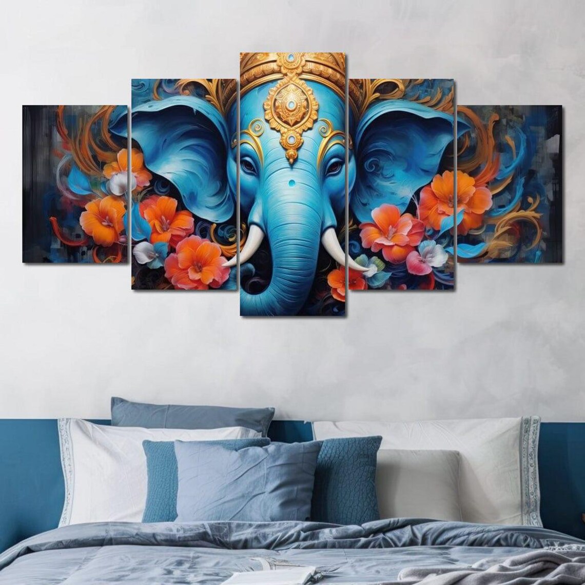 Ganesha Blue Elephant Head Gold Crown Orange Floral Spiritual Art Poster - Image 3
