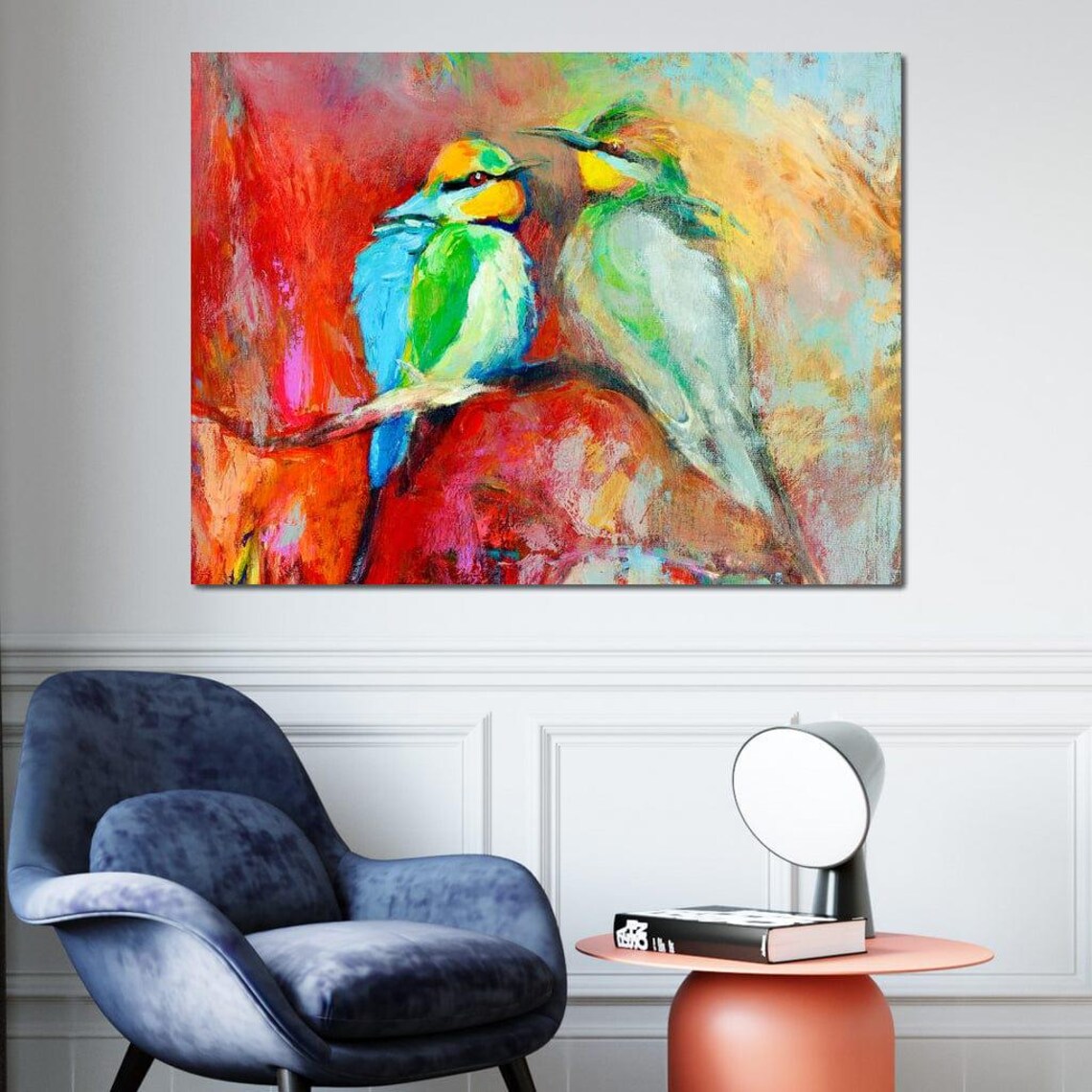 Two Colorful Songbirds Painting Vibrant Abstract Bird Wall Art - Image 3