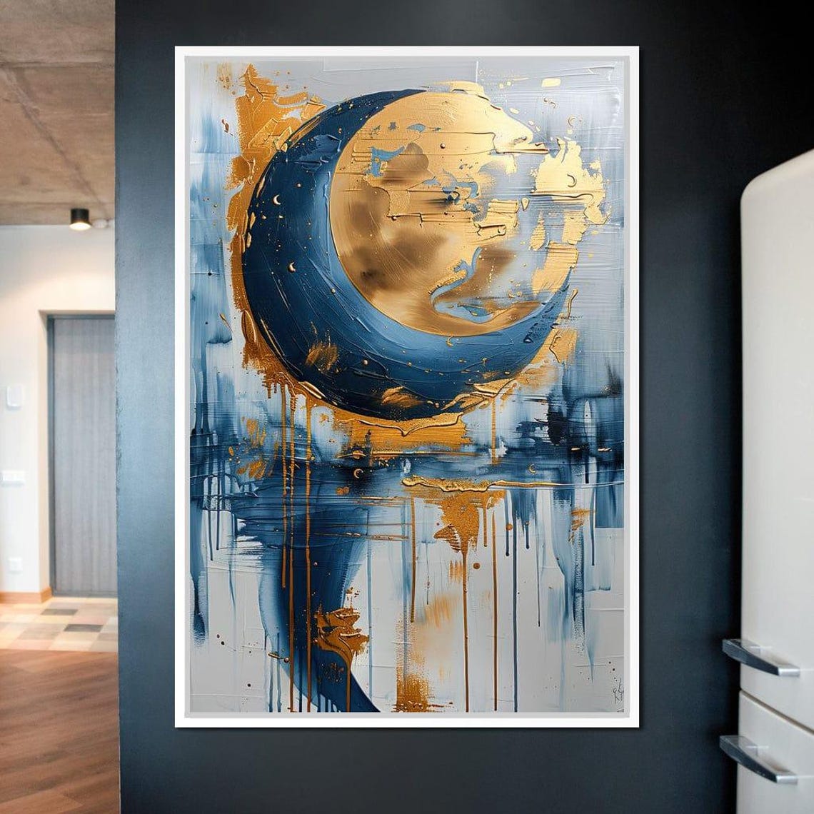 Abstract Gold Crescent Moon Blue Drips Elegant Modern Art Poster - Image 3