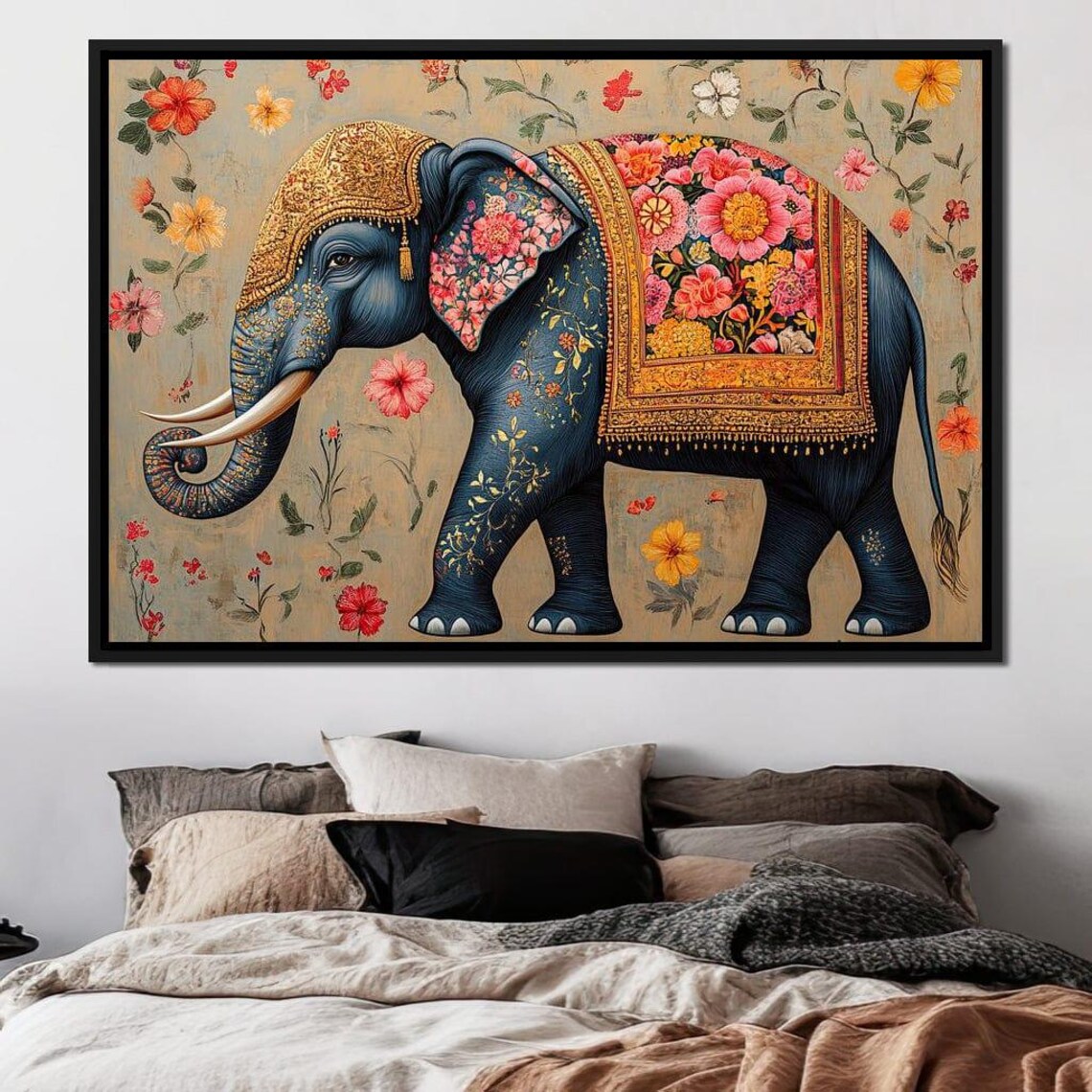Royal Blue Elephant Gold Floral Ornate Bohemian Decorative Poster - Image 2