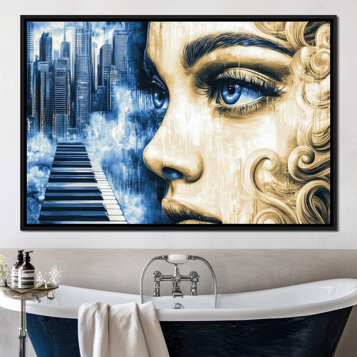Blue Eyed Golden Haired Woman City Skyline Piano Keys Art Poster - Image 2