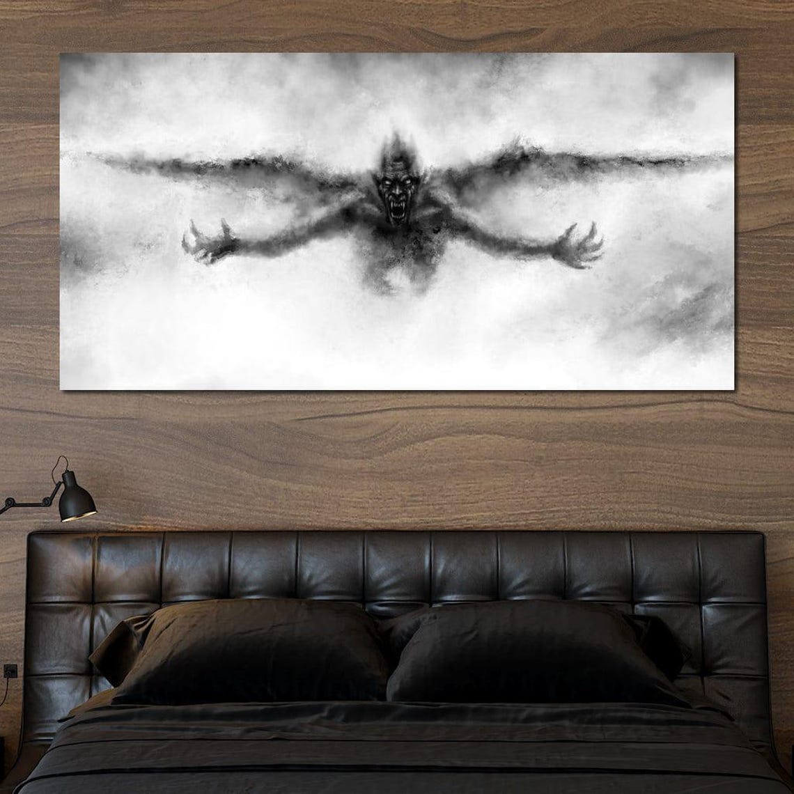 Dark Winged Demon Rising Mist Gothic Black White Horror Fantasy Poster - Image 4