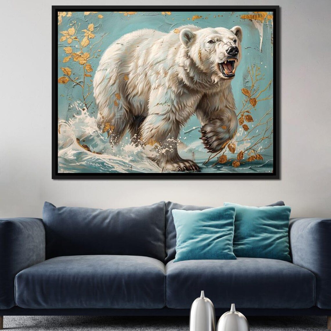 Polar Bear Roaring Arctic Wildlife Splashing Water Teal Gold Painting Wall Poster - Image 3