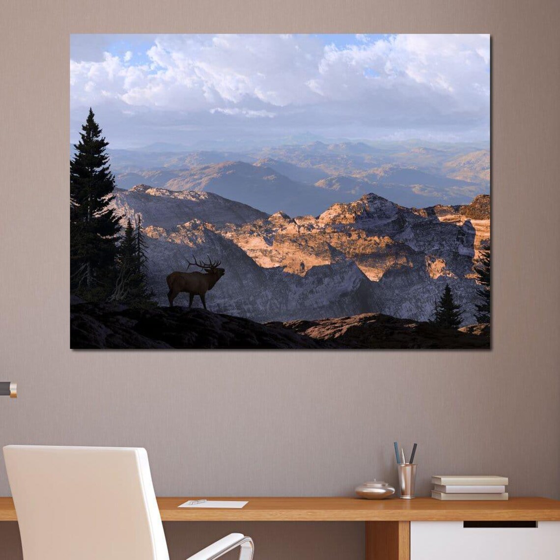 Bull Elk Mountain Ridge Silhouette Alpine Dawn Wildlife Rustic Nature Wall Poster - Image 2