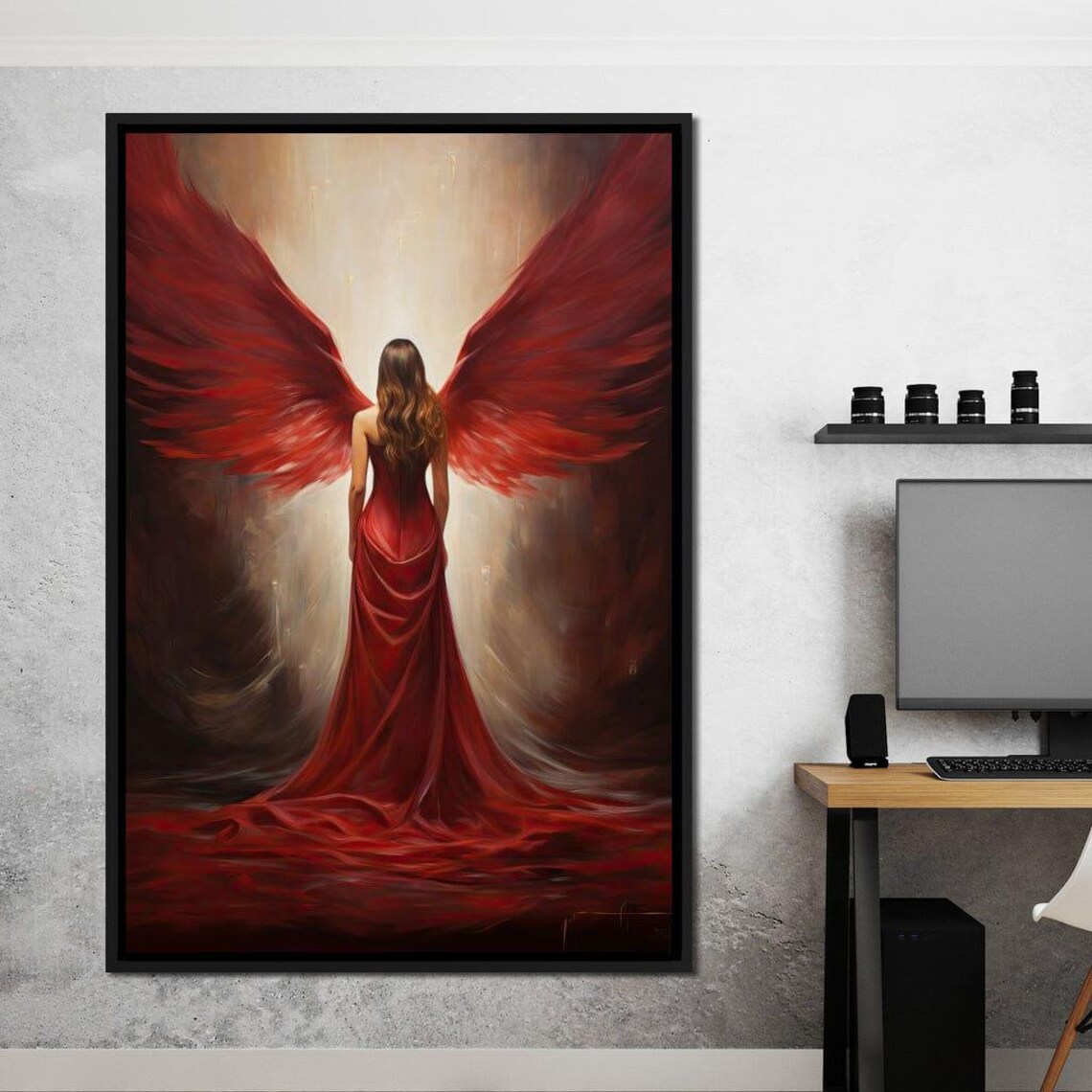 Red Angel Wings Woman Gown Dark Dramatic Divine Beauty Art Print