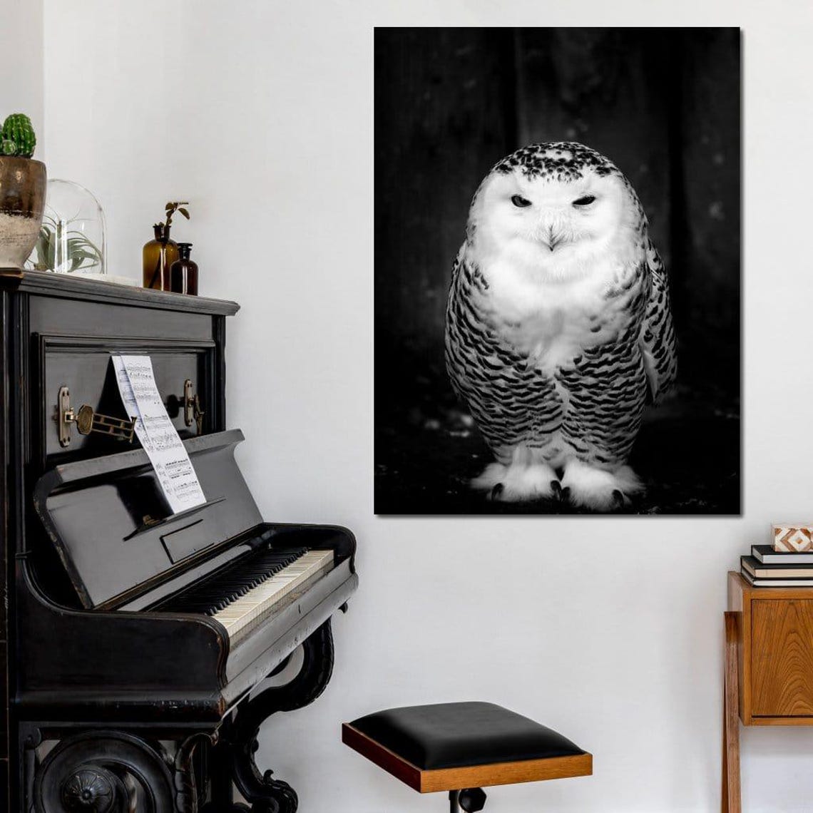 Black And White Snowy Owl Portrait Front View Minimalist Art Poster - Image 4