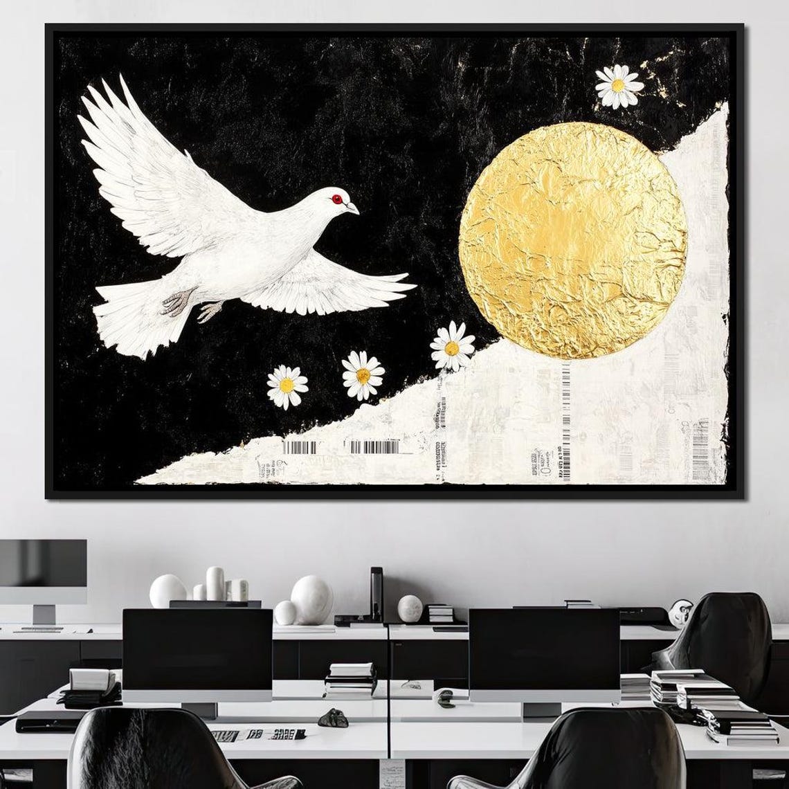 White Dove Gold Full Moon Black White Daisies Peaceful Flight Poster