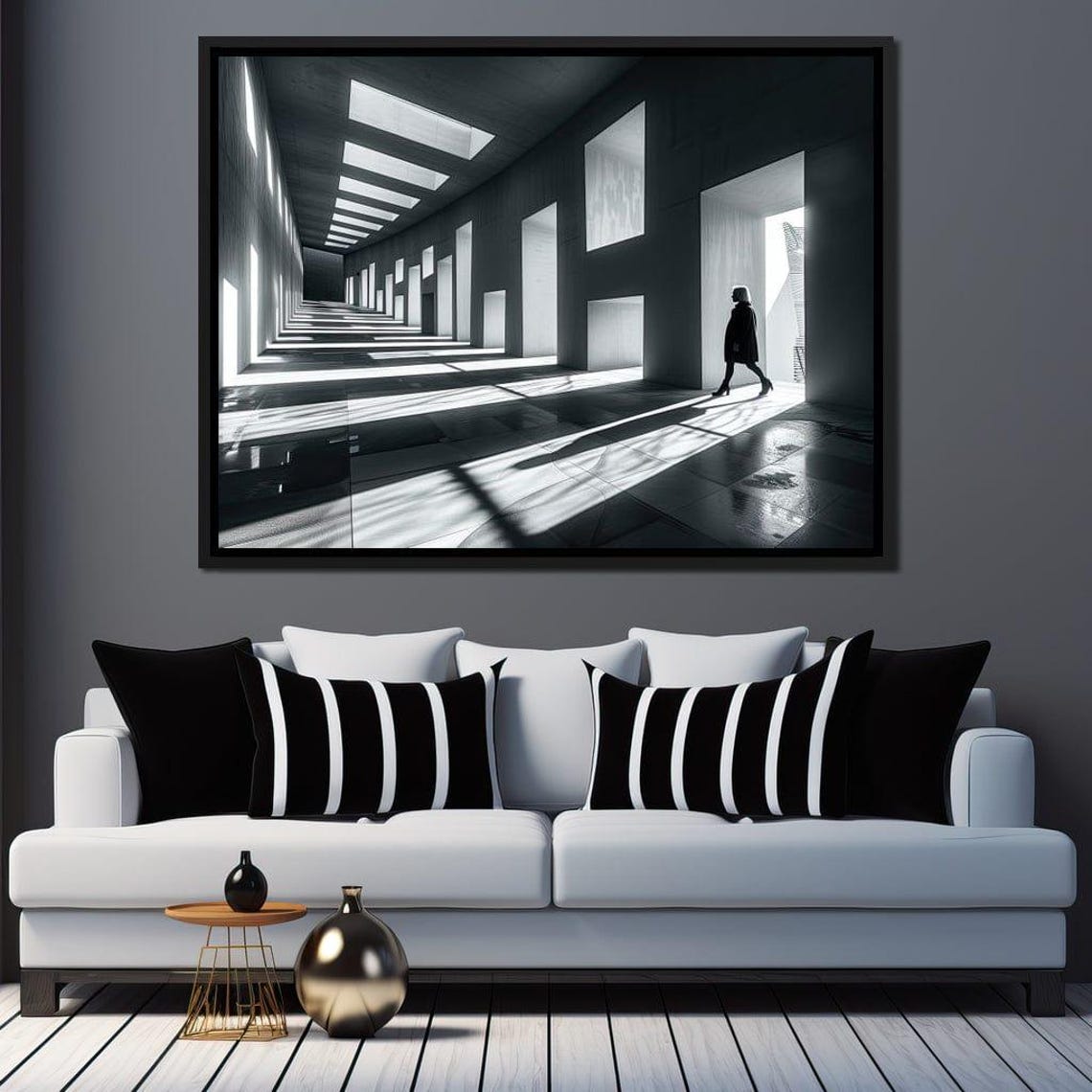 Black And White Concrete Corridor Dramatic Light Shadow Lines Print