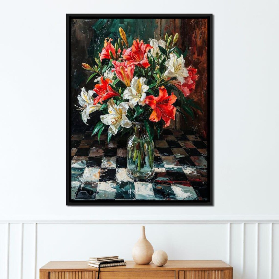 Red White Orange Lilies Bouquet Glass Vase Classic Still Life Poster - Image 4