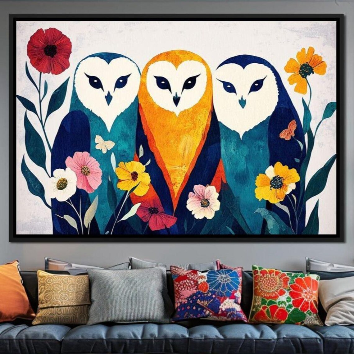 Three Colorful Barn Owls With Flowers Whimsical Wildlife Art Poster