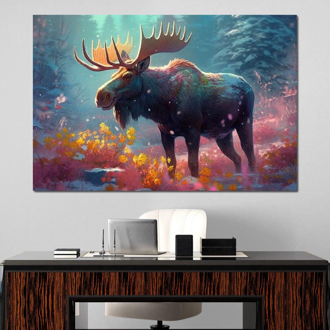 Colorful Winter Moose Majestic Antlers Dreamy Forest Wildlife Wall Art Poster - Image 2