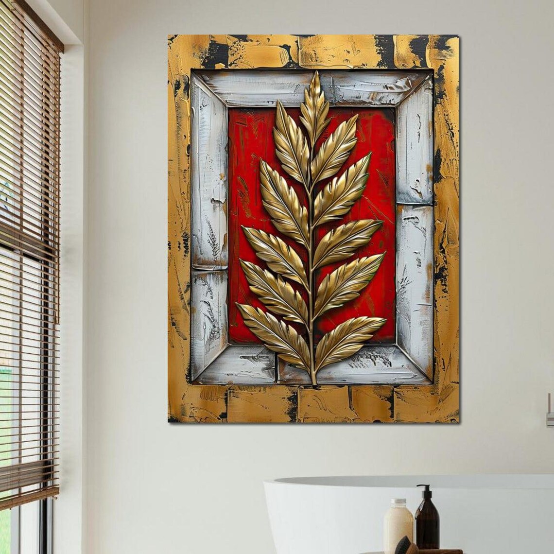 Golden Fern Branch Red Background Rustic Frame Botanical Art Print - Image 3