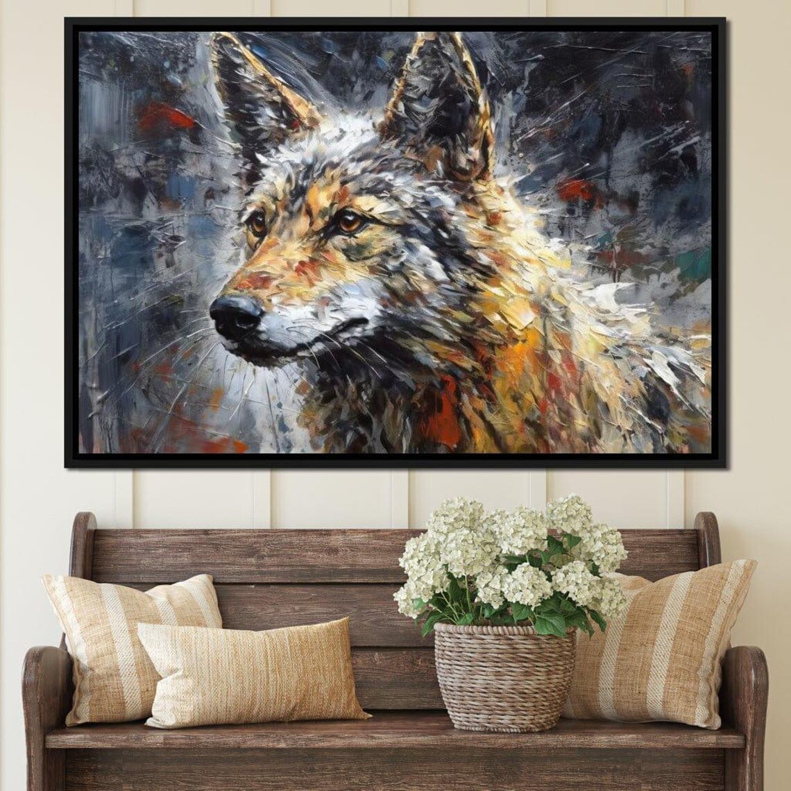 Coyote Portrait Expressive Eyes Painterly Wildlife Dark Modern Art Poster - Image 4