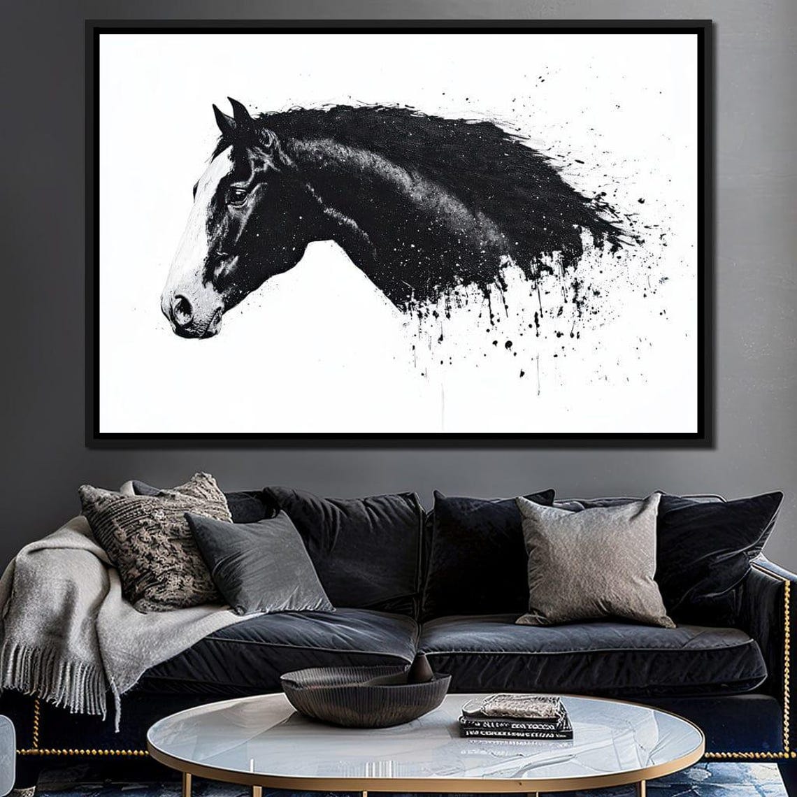 Black Horse Head Silhouette Ink Splash Minimalist Art Poster - Image 3