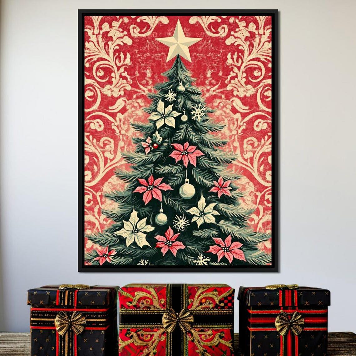 Christmas Tree With Pink Poinsettias Red Damask Holiday Poster
