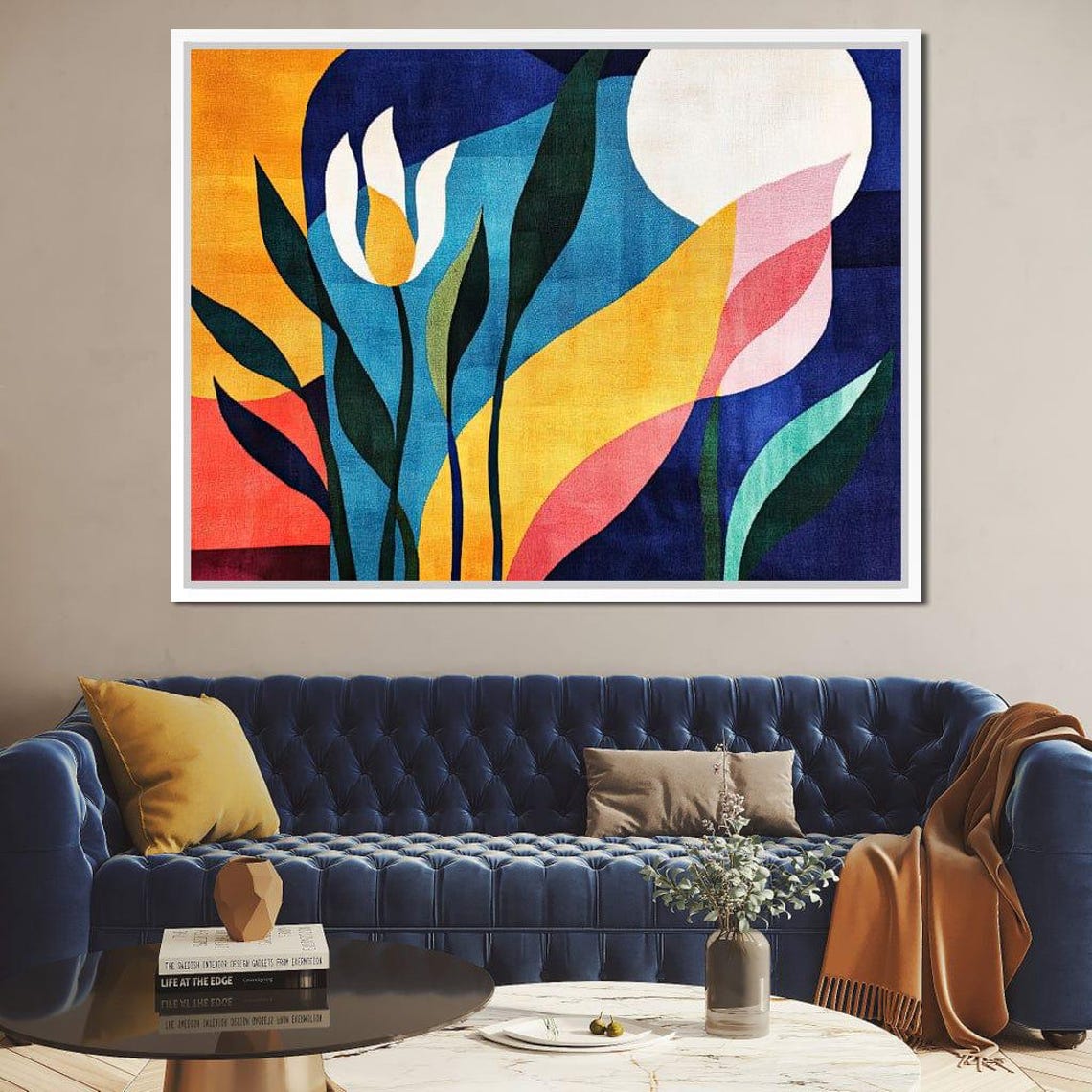 Bold Abstract Tulips Moon Sun Navy Yellow Pink Modern Botanical Poster - Image 3