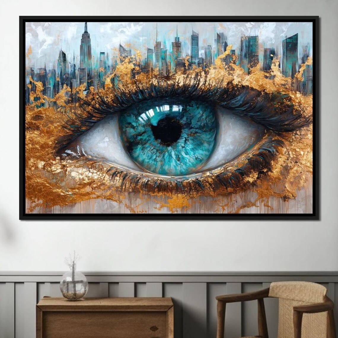 Teal Blue Abstract Eye City Skyline Gold Leaf Modern Bold Art Poster