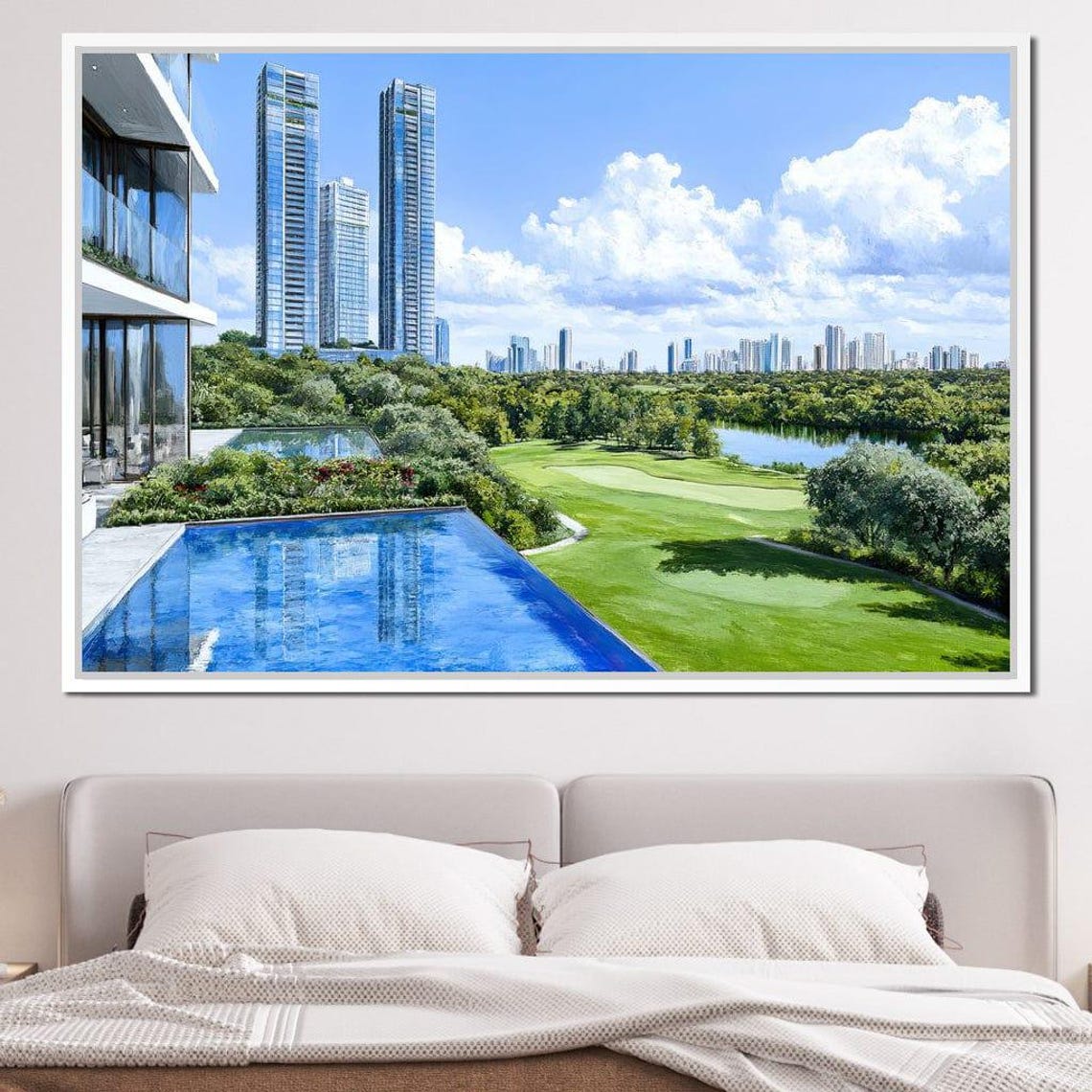 Luxury City Skyline Over A Golf Course And Infinity Pool Poster