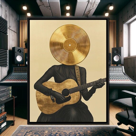 Black Dress Gold Vinyl Record Head Acoustic Guitar Elegant Music Art Poster