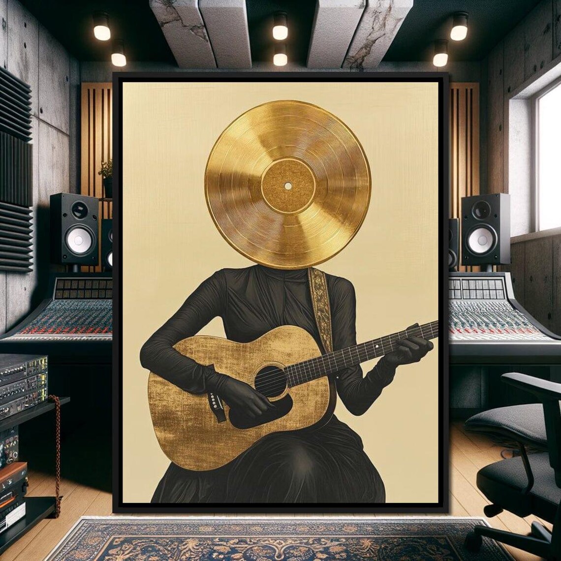 Black Dress Gold Vinyl Record Head Acoustic Guitar Elegant Music Art Poster