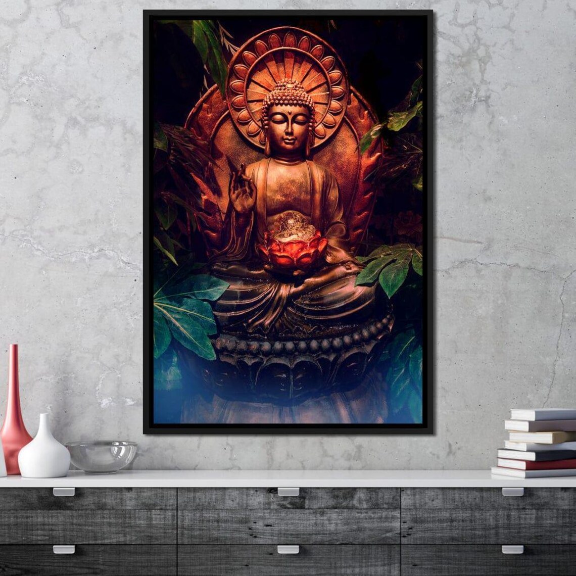 Bronze Buddha Statue Lotus Meditation Zen Spiritual Wall Art Poster - Image 2