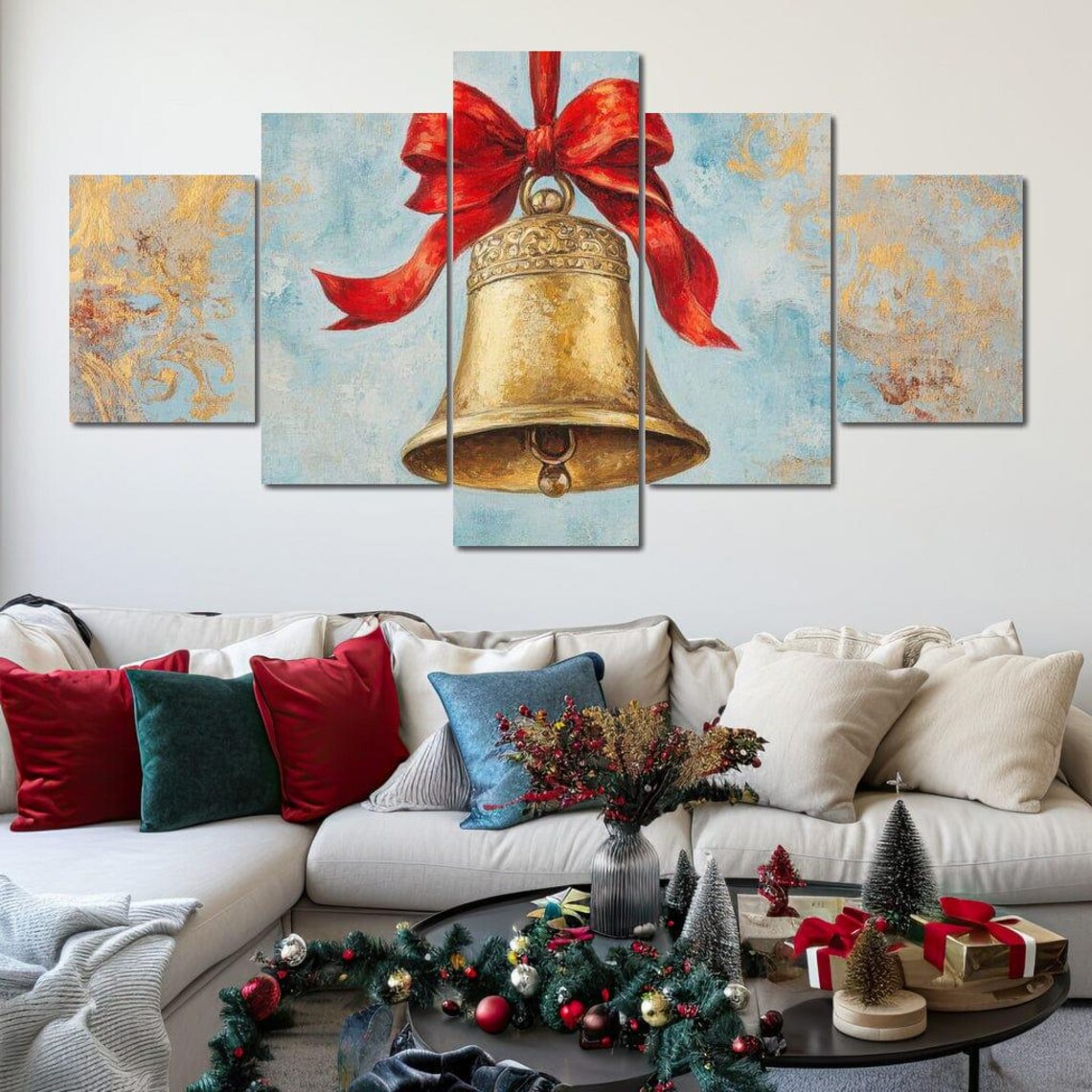 Golden Bell With Red Bow Pastel Blue Vintage Christmas Poster - Image 3