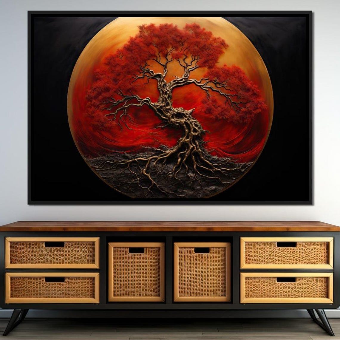 Crimson Red Tree Against Golden Moon Mystical Night Forest Wall Poster - Image 2