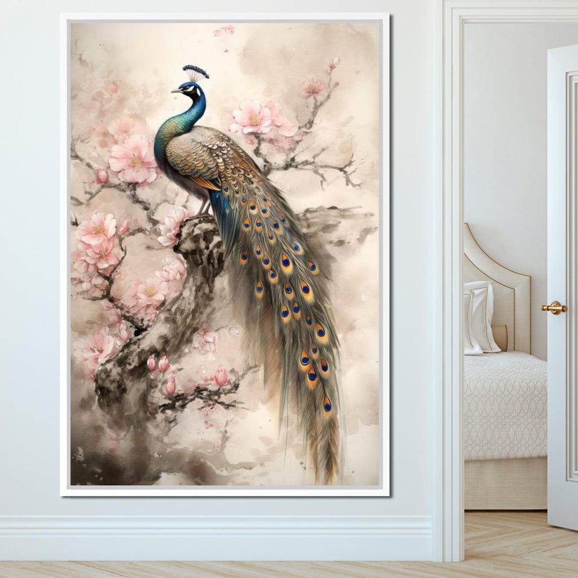 Peacock Long Flowing Tail Cherry Blossom Branch Watercolor Wall Art - Image 4