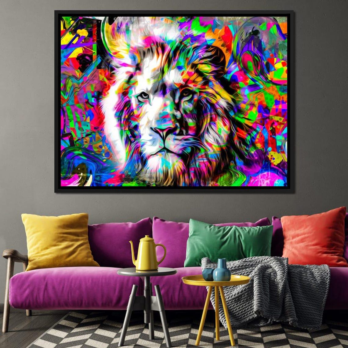 Psychedelic Lion Portrait Neon Multicolor Pop Art Animal Wall Poster