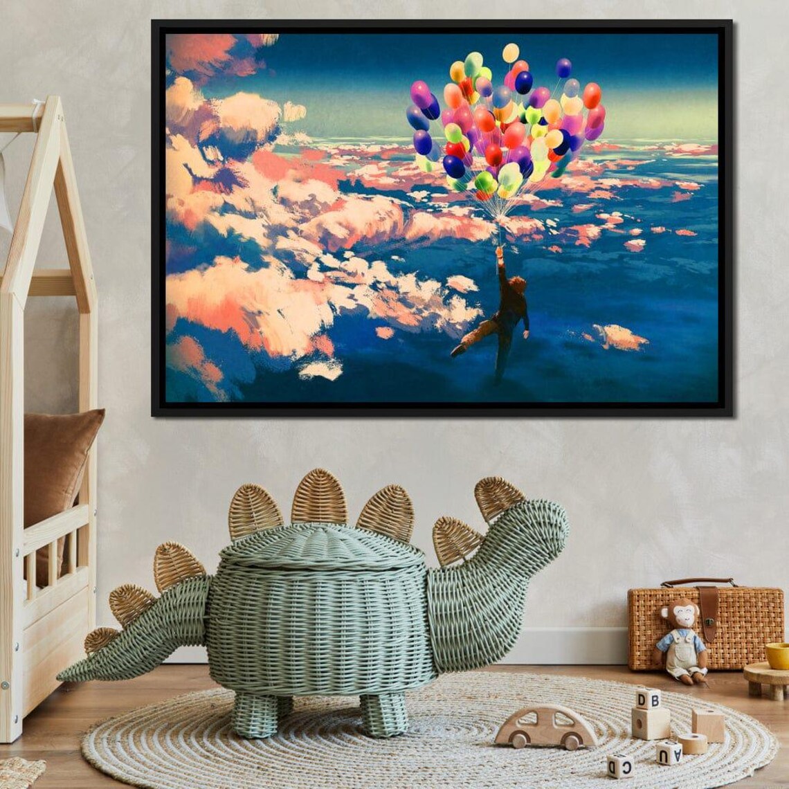 Child With Colorful Balloons Flying Over Clouds Fantasy Poster - Image 2