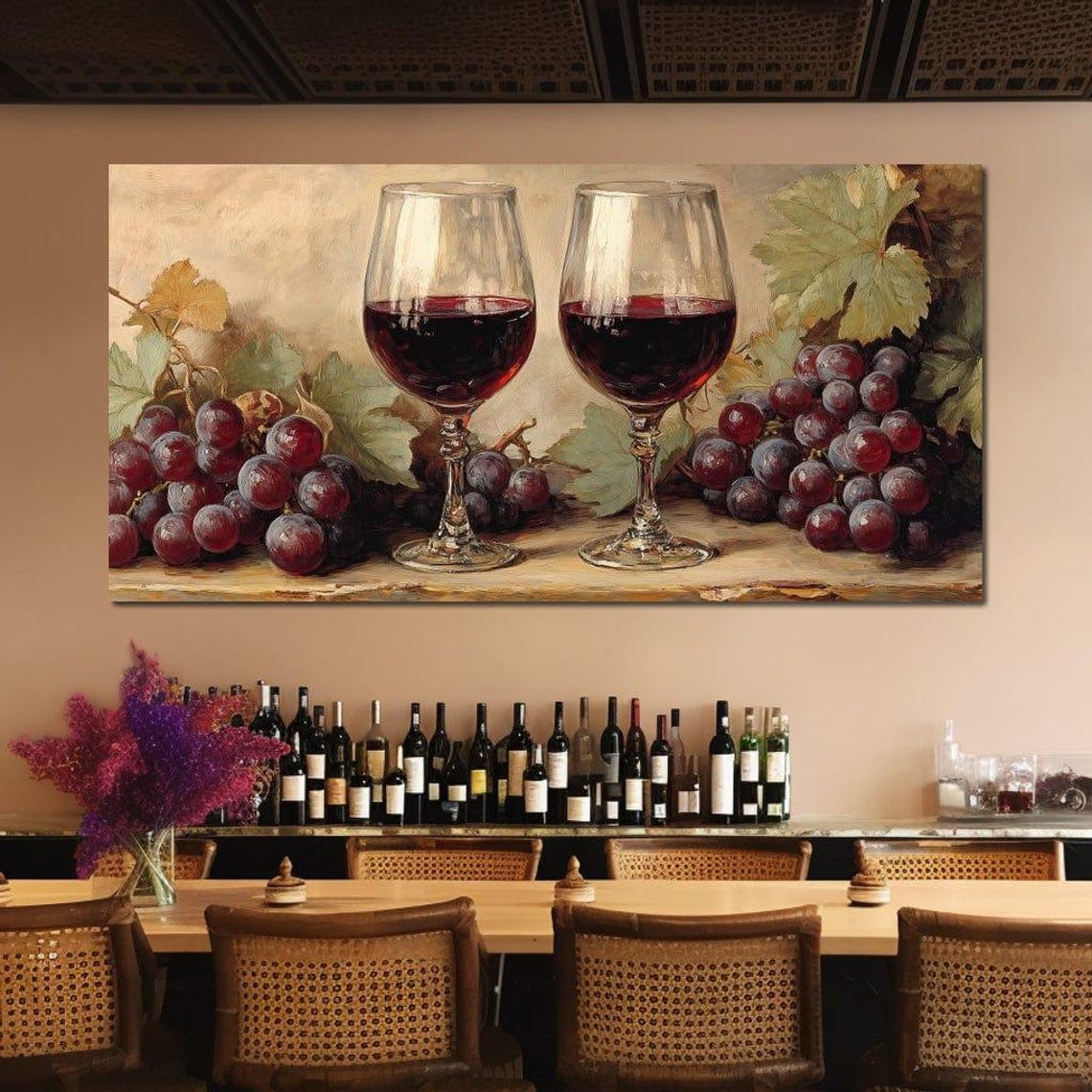 Red Wine Glasses And Grape Clusters Vintage Rustic Kitchen Bar Print - Image 2