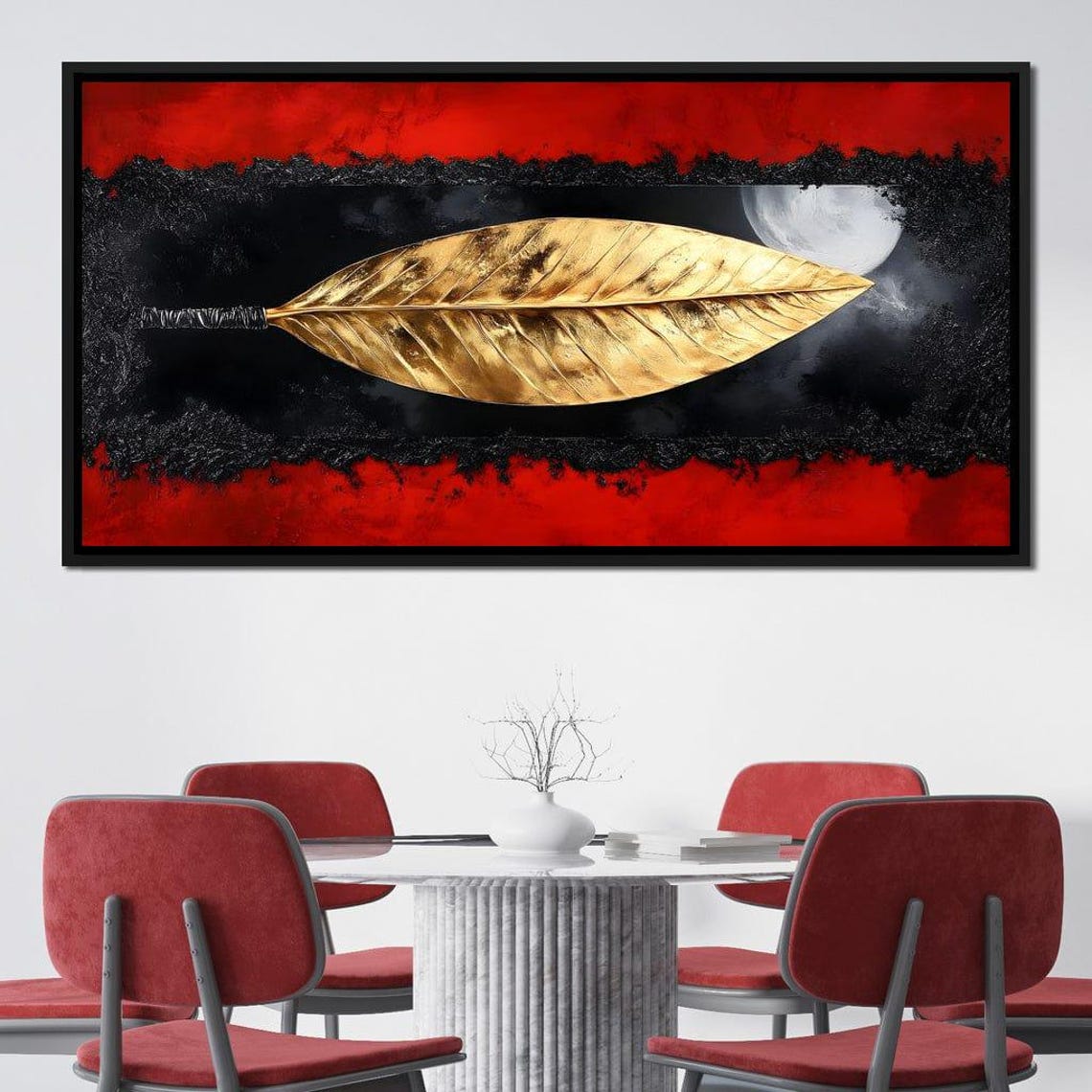 Golden Leaf Feather on Black and Red with Moon Night Sky Poster - Image 2