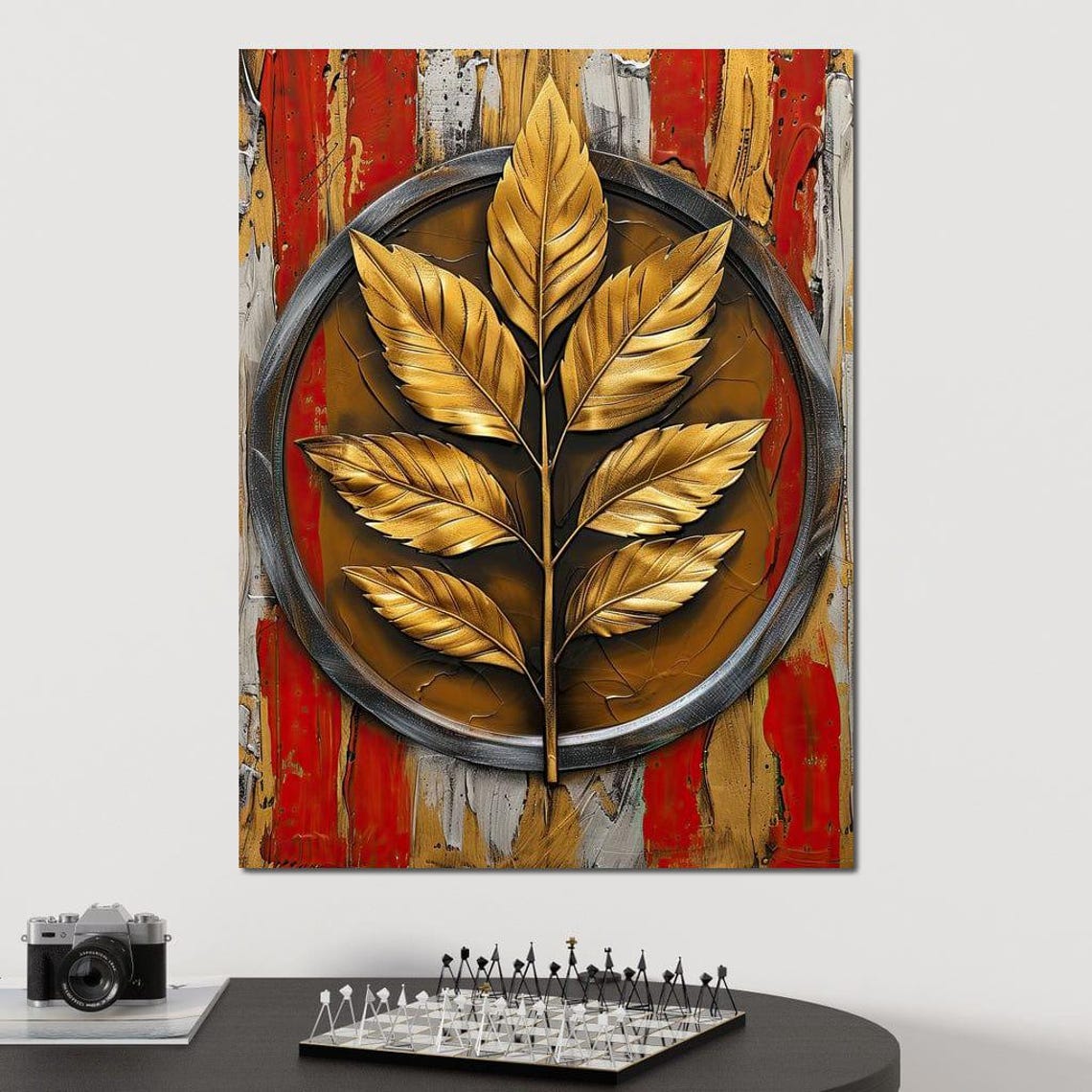 Golden Foliage Leaves Circular Frame Red Abstract Botanical Poster - Image 2
