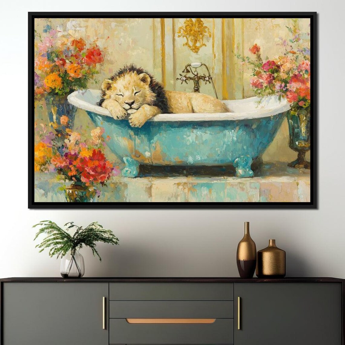 Sleepy Lion Relaxing In Blue Bathtub Floral Whimsical Animal Wall Print - Image 3