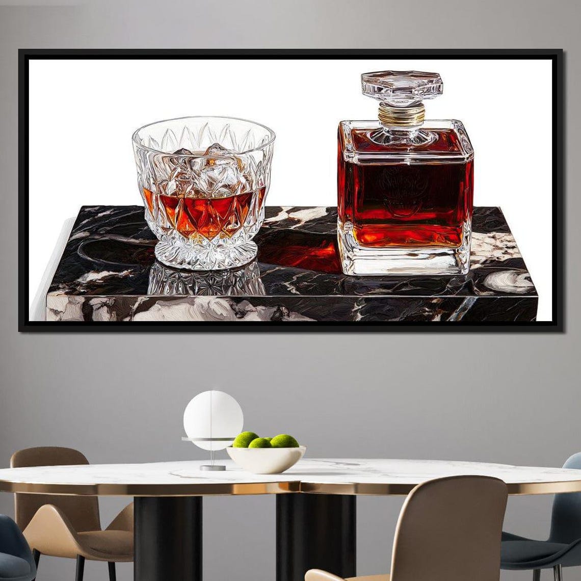 Crystal Whiskey Decanter And Glass On Marble Bar Decor Print