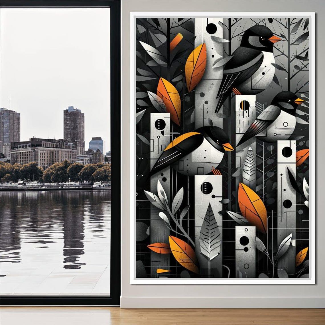 Monochrome Geometric Birds Orange Beaks Birch Forest Wall Art - Image 2
