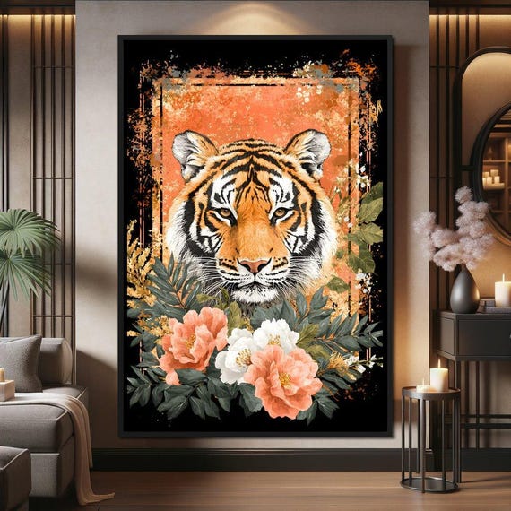 Tiger Majesty Floral Harmony Exotic Tiger Home Decor Bold Painting Nature Art Colorful Wall Art By Nichecanvas