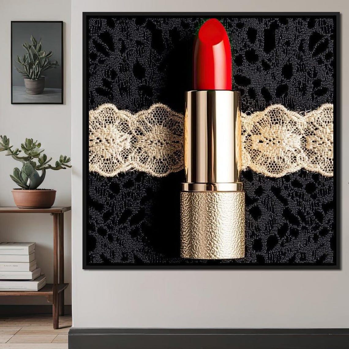 Red Lipstick Gold Case Black Lace Glamour Beauty Vanity Art Poster