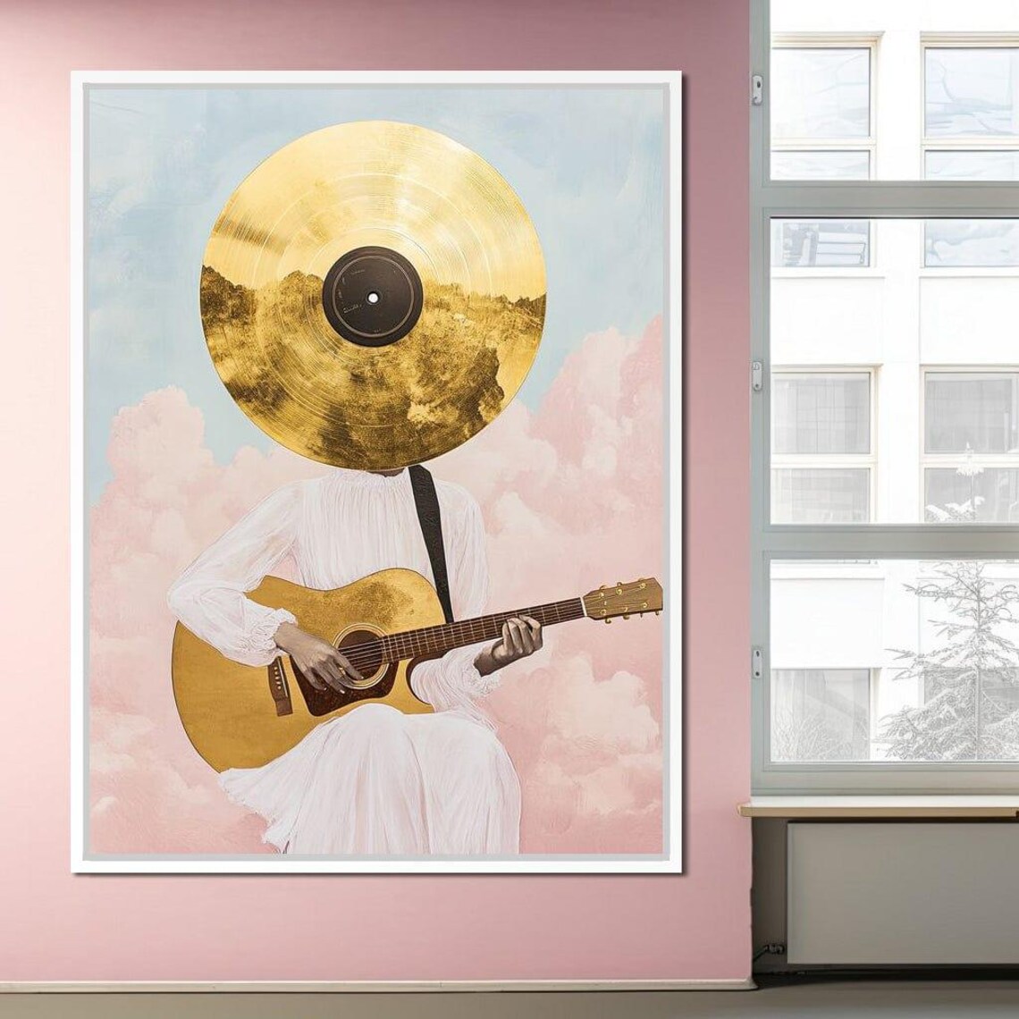 Golden Vinyl Record Head Guitar Player Pink Clouds Dreamy Music Art Poster - Image 4