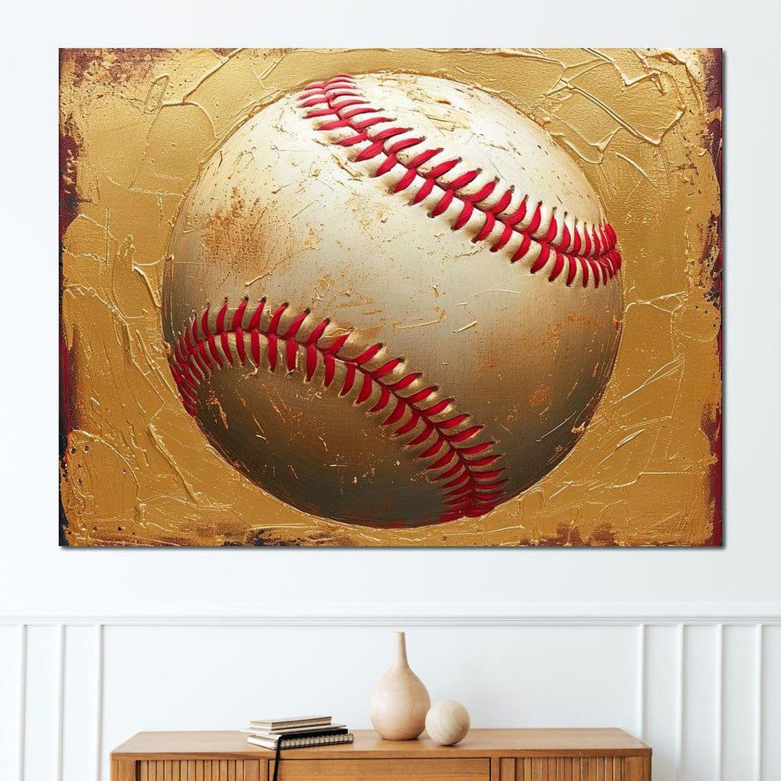 Golden Baseball Red Stitching Textured Gold Sports Art Wall Poster - Image 2