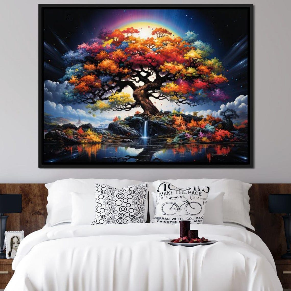 Rainbow Tree Of Life Waterfall Night Sky Five Panel Canvas Wall Art - Image 4