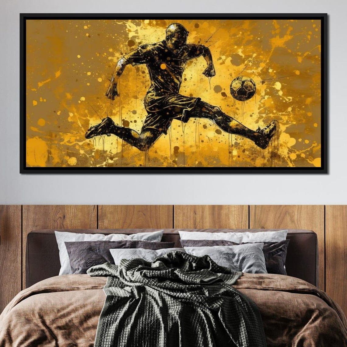Soccer Player Kick Black Gold Splash Modern Athletic Wall Art Poster - Image 3