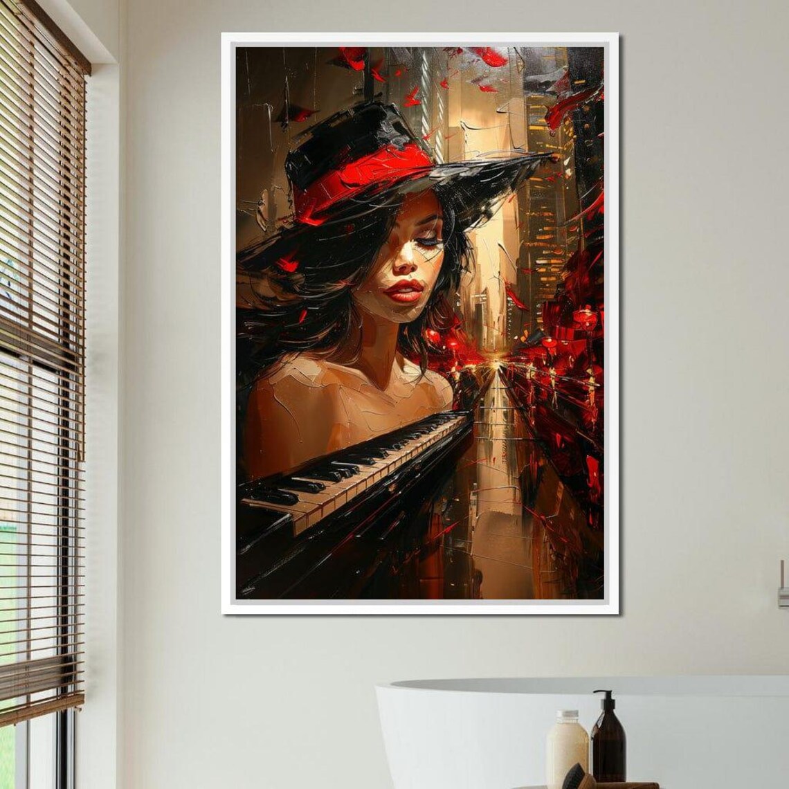 Autumn Rhapsody Woman In Red Hat Piano Keys Night Cityscape Poster - Image 3