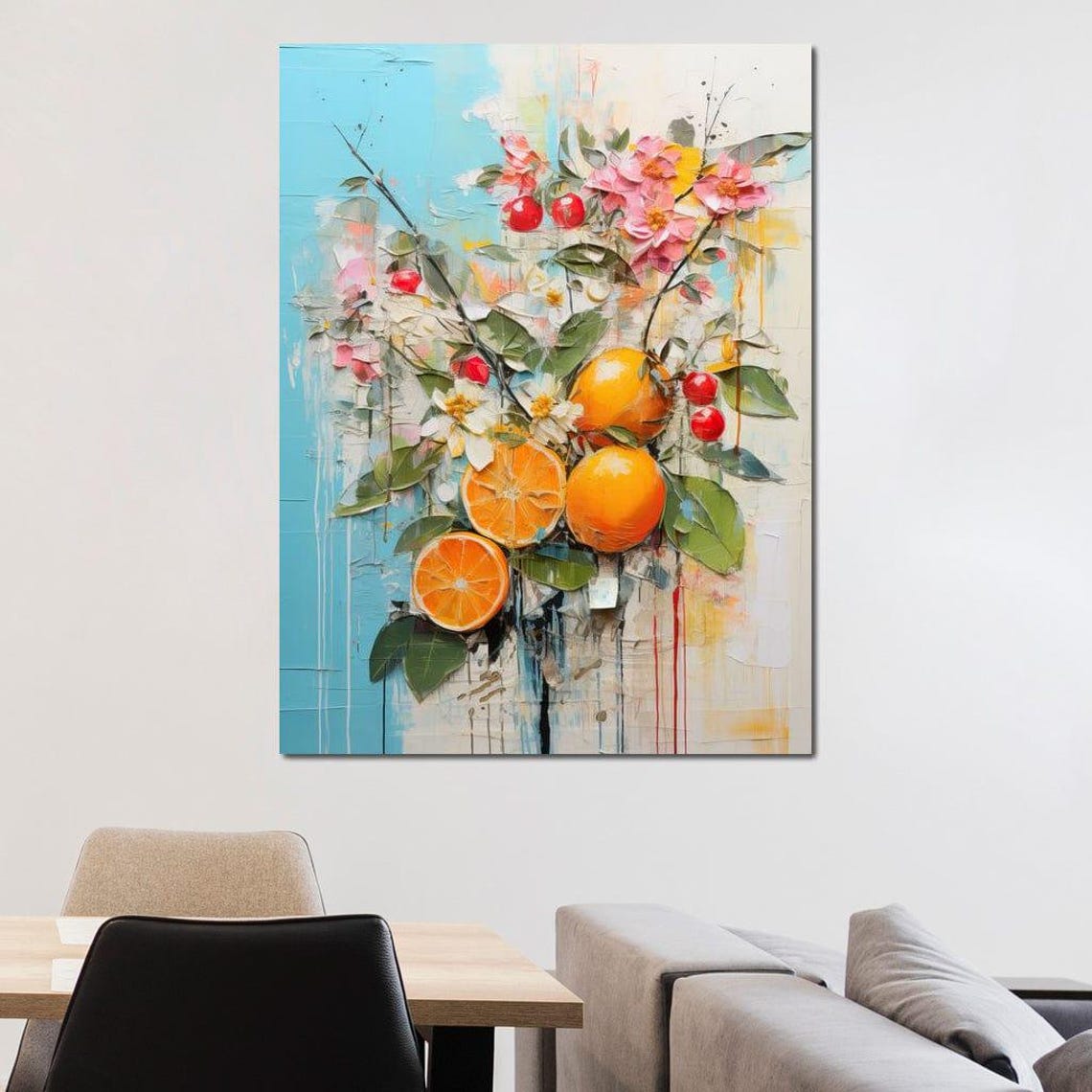 Orange Citrus Branch Blossom Painting Turquoise Kitchen Wall Art Print - Image 2