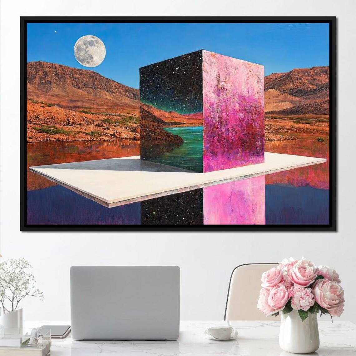 Surreal Cosmic Cube Desert Moon Night Sky Pink Galaxy Landscape Wall Print - Image 3