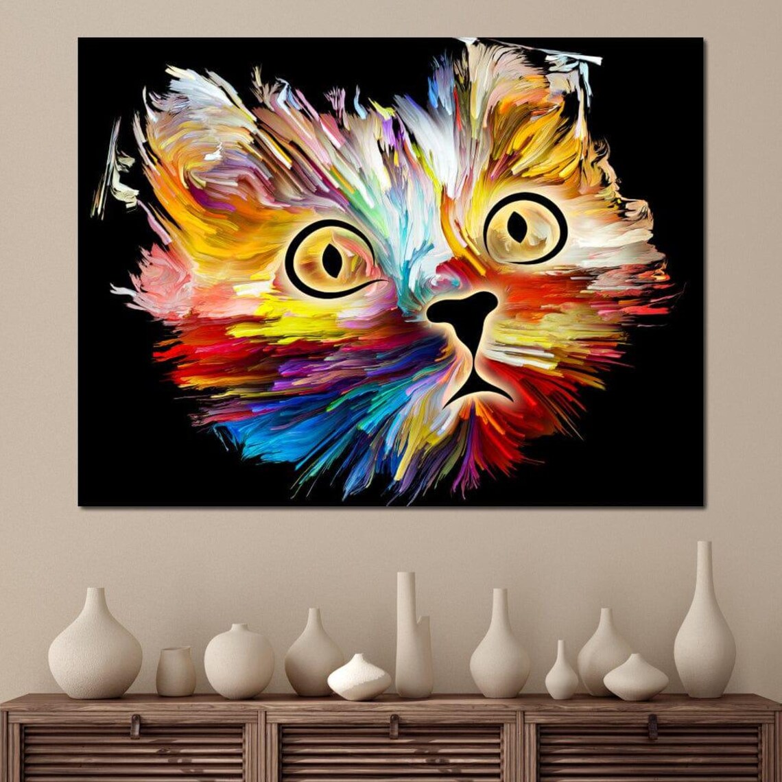 Rainbow Brushstroke Cat Face Black Background Colorful Whimsical Art Poster - Image 4