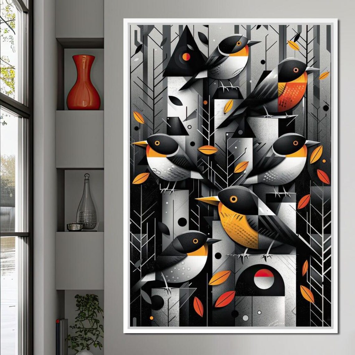 Six Geometric Songbirds Orange Breasts Autumn Forest Wall Art - Image 3