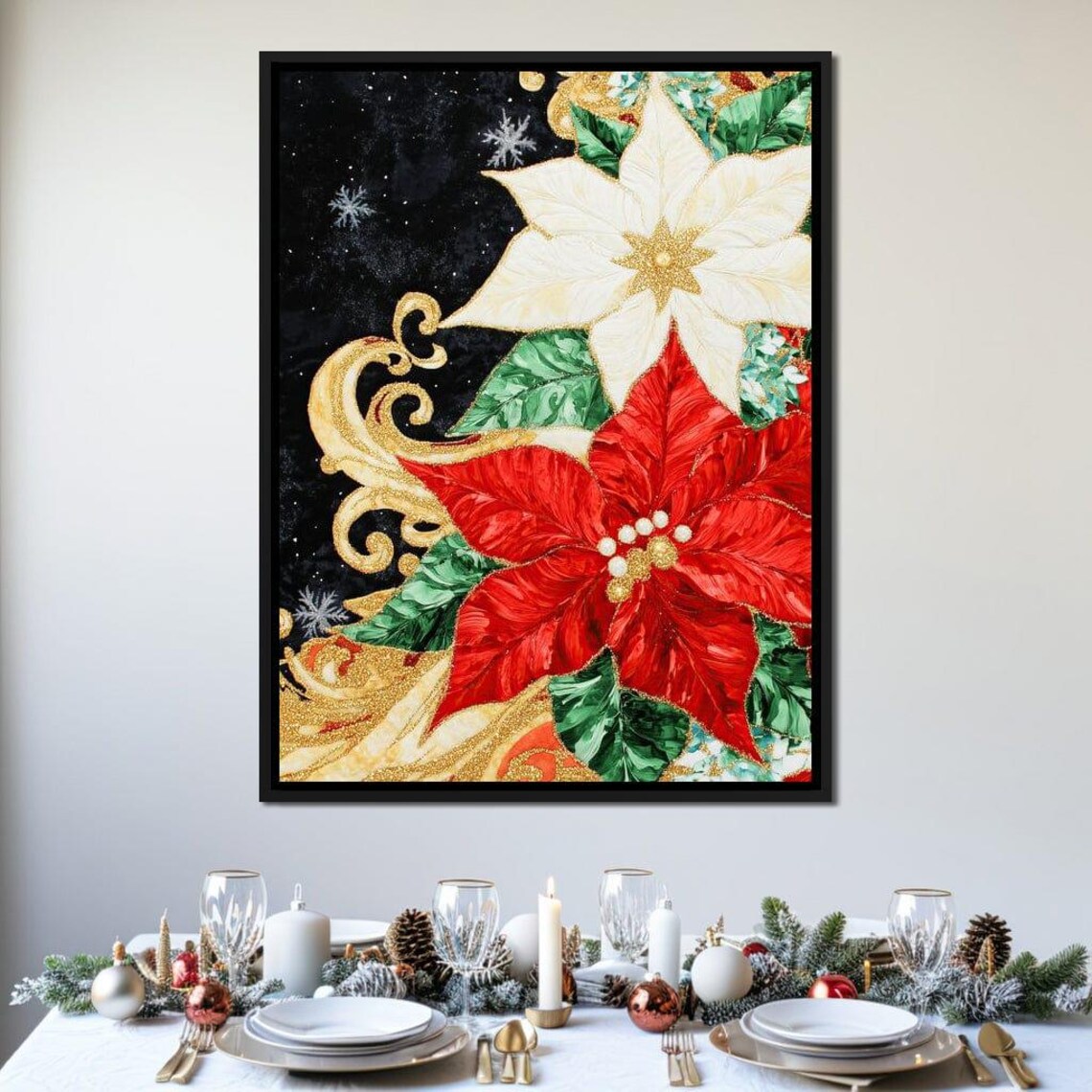 Red And White Poinsettia Gold Swirls Black Holiday Floral Poster - Image 3